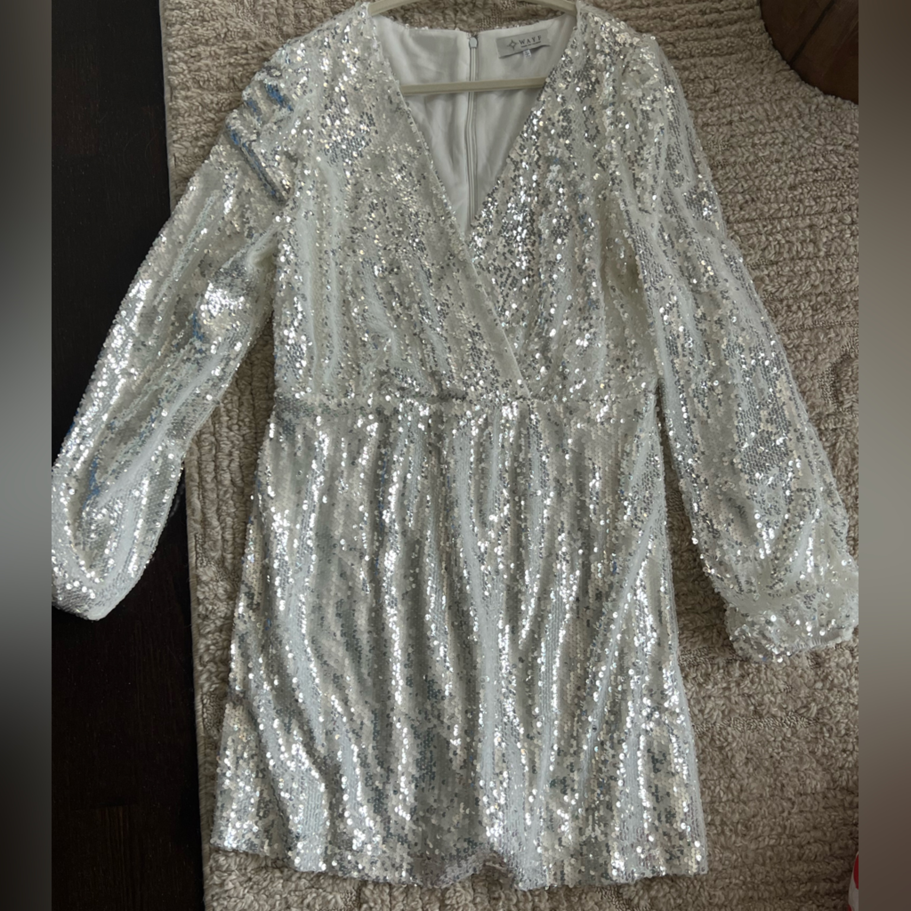 Wayf Silver Sequin Embellished White Dress